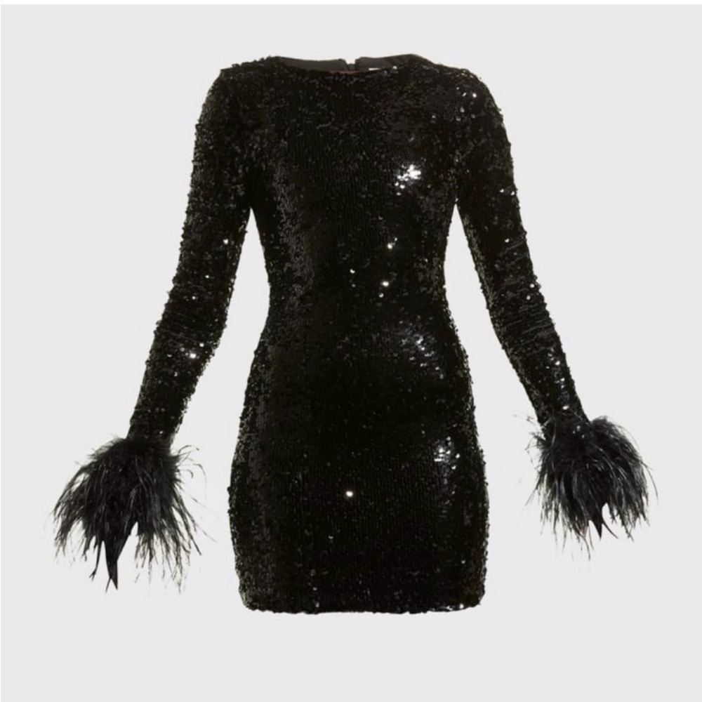 NWT Alice + Olivia Delora Sequin Mini Dress with Feather Cuffs